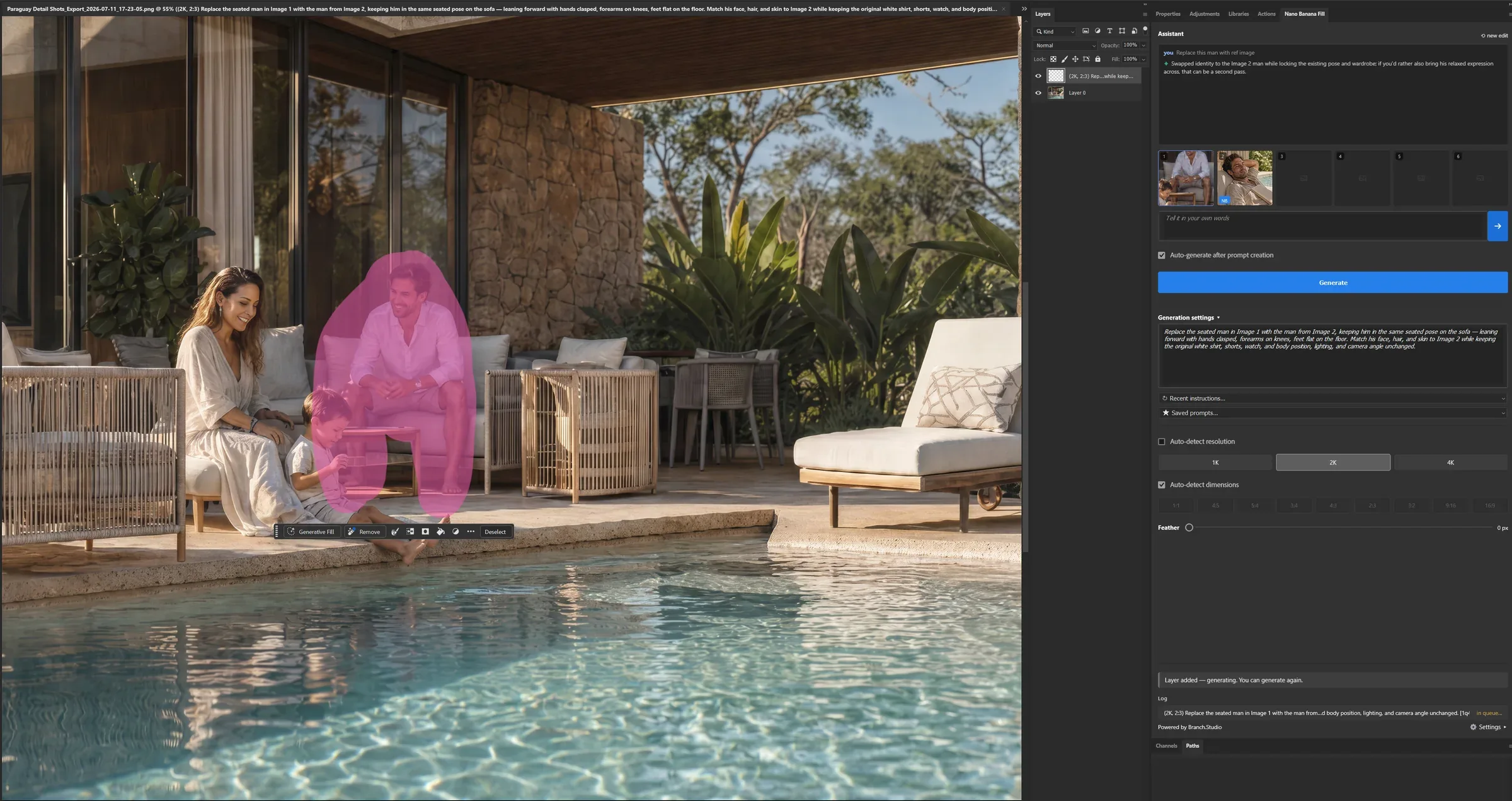 Retouch Agent running inside Photoshop: a selection over the subject while the assistant panel writes the generative-fill prompt